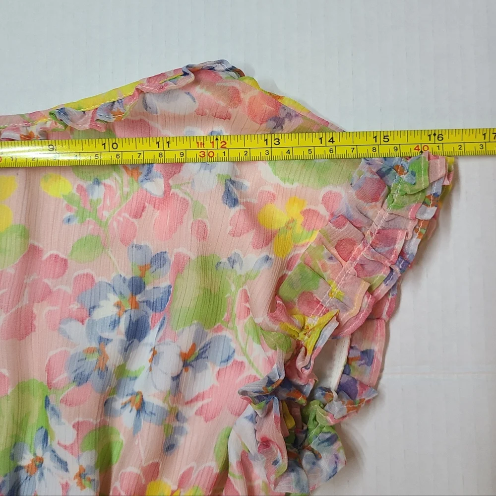 Ralph Lauren Girls Pink Yellow Floral Short Sleeve Ruffled Chiffon Dress Sz 10